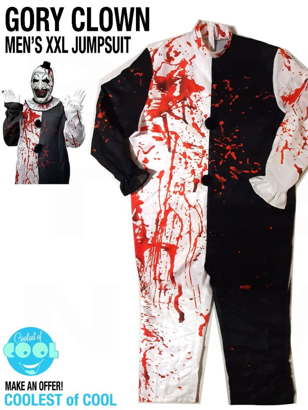 Scary Art Clown halloween costume Men's 2XL 48-52 jump suit horror movie outfit